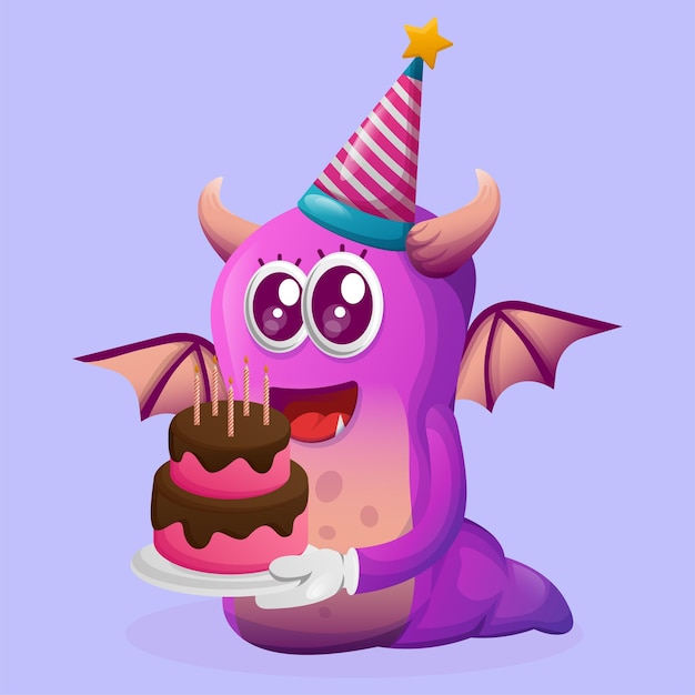 Lindo monstruo púrpura con un sombrero de cumpleaños con pastel de cumpleaños
