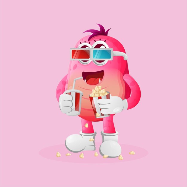 Vector lindo monstruo rosa viendo una película con soda y palomitas de maíz