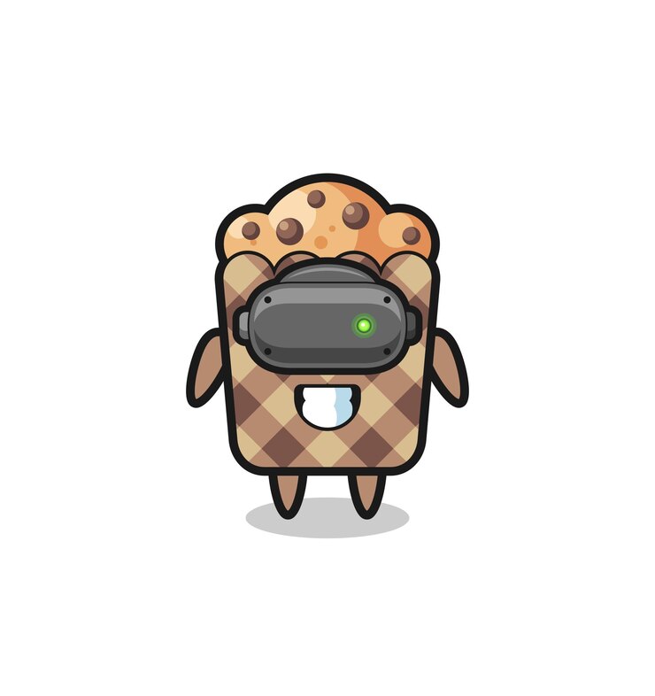Vector lindo muffin usando auriculares vr