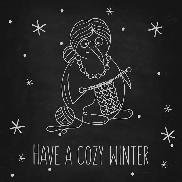 Lindo muñeco de nieve con copos de nieve en una pizarra negra ilustración vectorial en estilo garabato estado de ánimo de invierno hola 2023 feliz navidad y feliz año nuevo