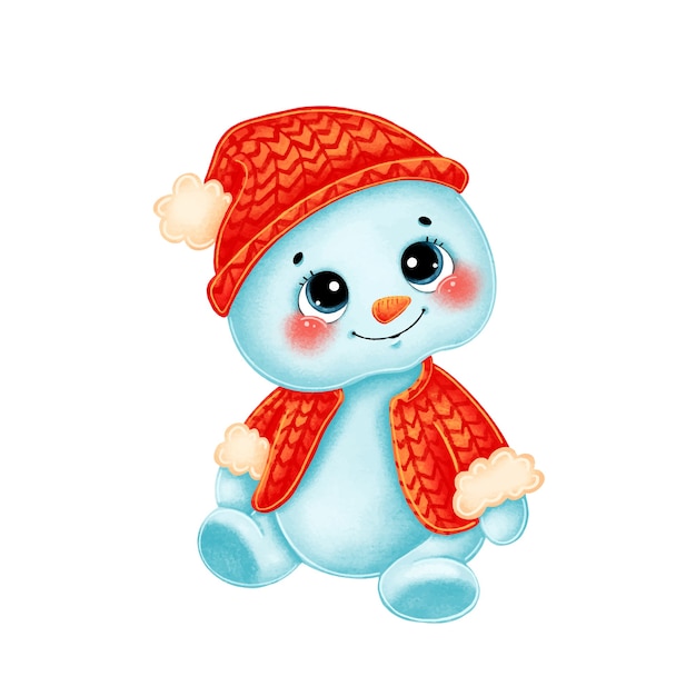 un lindo muñeco de nieve de dibujos animados con un gorro de punto rojo y un suéter