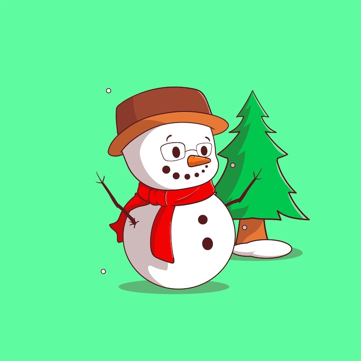 Vector lindo muñeco de nieve con ilustración de icono de vector de árbol