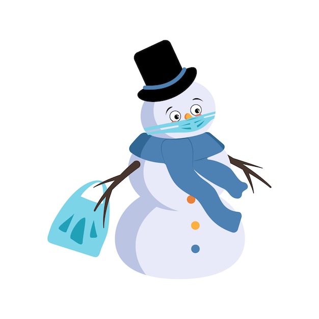 Lindo muñeco de nieve de navidad con emociones tristes, cara y máscara, mantenga la distancia, las manos con el bolso de compras y pare el gesto. decoración festiva de año nuevo alegre con expresión de depresión