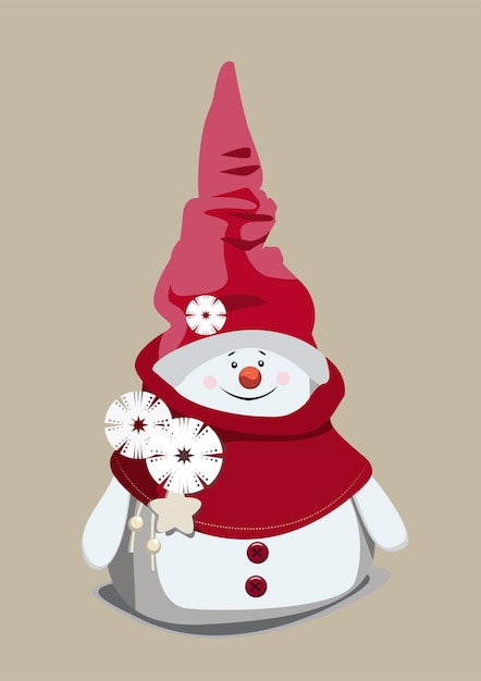 Lindo muñeco de nieve de navidad sonriente con una bufanda roja con copos de nieve y un sombrero de gnomo puntiagudo