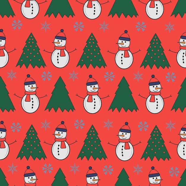Lindo muñeco de nieve de patrones sin fisuras Lindo personaje de dibujos animados Muñeco de nieve yolka y nieve cayendo Fondo blanco Ilustración vectorial