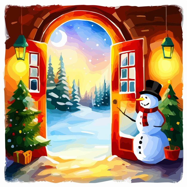 Lindo muñeco de nieve en la puerta de invierno decorada con una ilustración de vector de concepto de vacaciones de invierno guirnalda