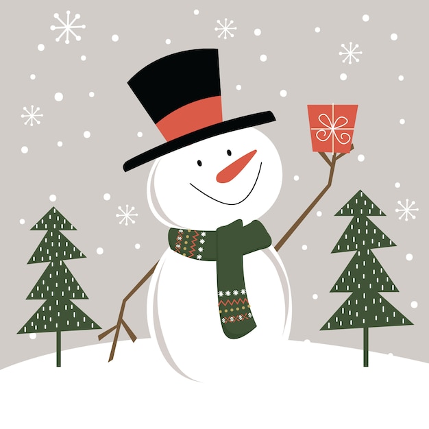 Lindo muñeco de nieve con regalo de Navidad en nevando, ilustración