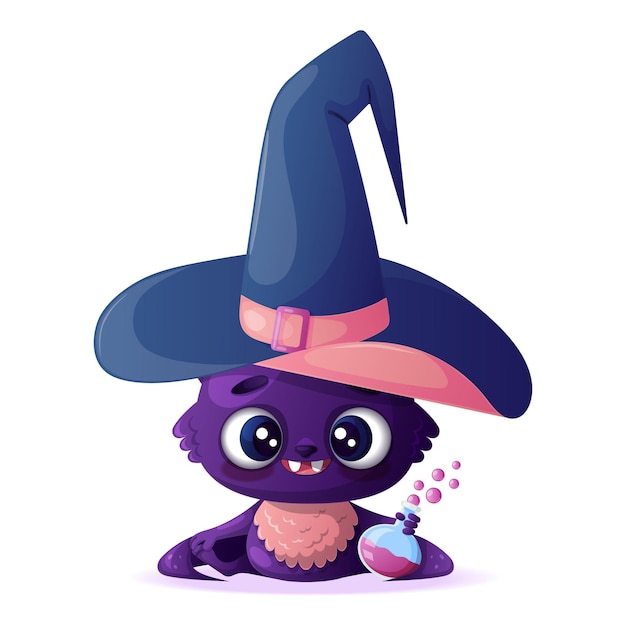 Un lindo murciélago feliz en un sombrero puntiagudo con una botella de poción Ilustración vectorial sobre fondo blanco