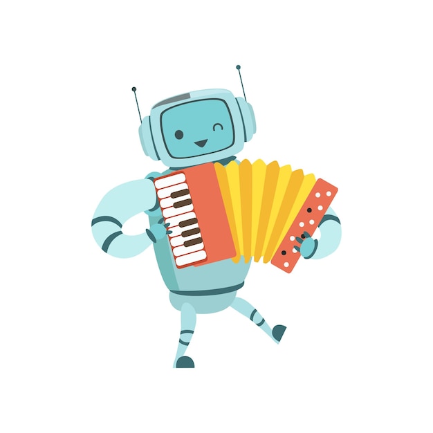 Lindo músico robot tocando acordeón Instrumento musical Ilustración vectorial en fondo blanco