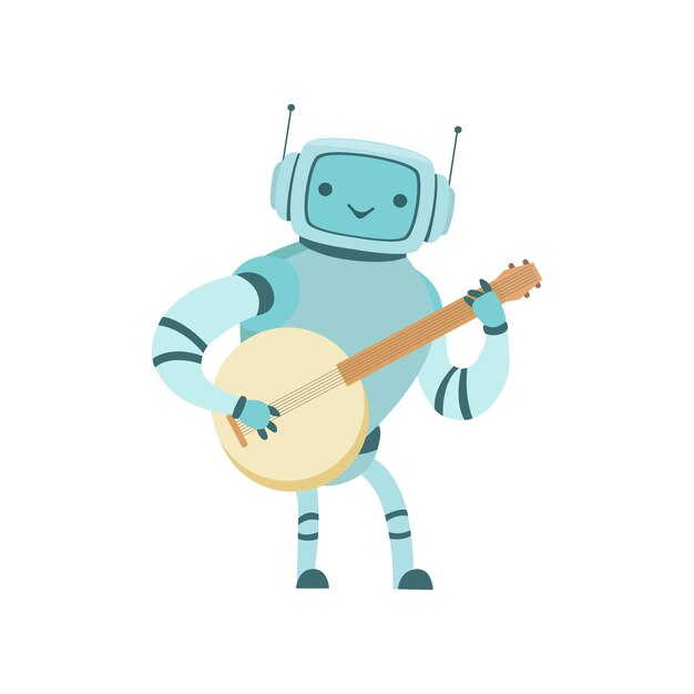 Lindo músico robot tocando el banjo Instrumento musical Ilustración vectorial en fondo blanco