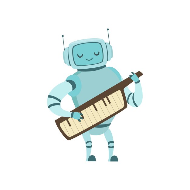 Lindo músico robot tocando en el instrumento musical Keytar Ilustración vectorial en fondo blanco