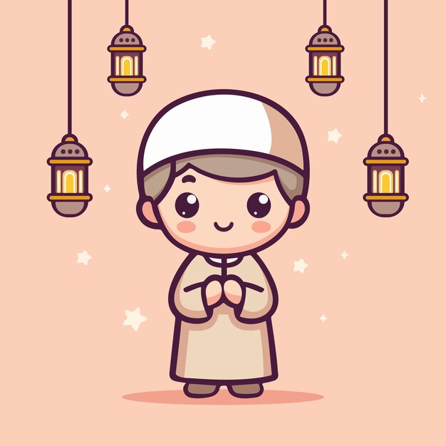 Lindo musulmán Ramadán Estilo plano de dibujos animados Ilustración vectorial