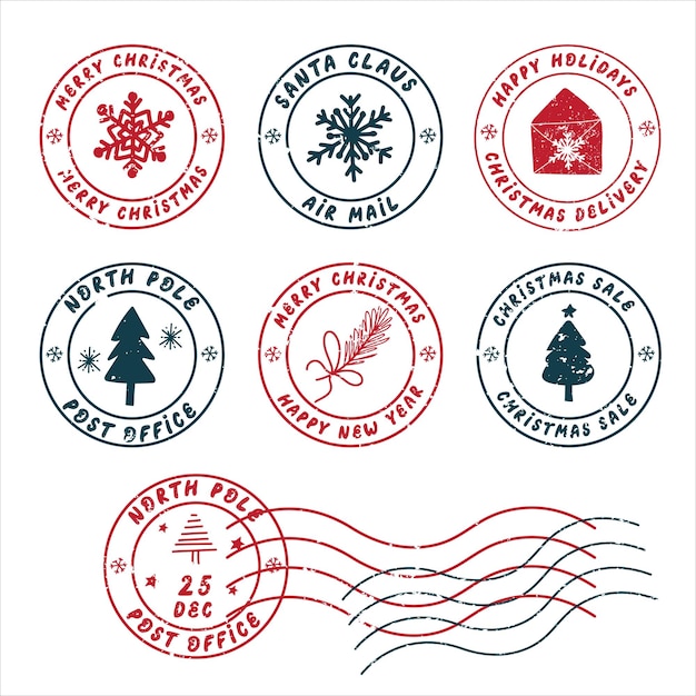 Lindo navidad y año nuevo sellos postales vector set grunge textura correo santa claus carta a santa