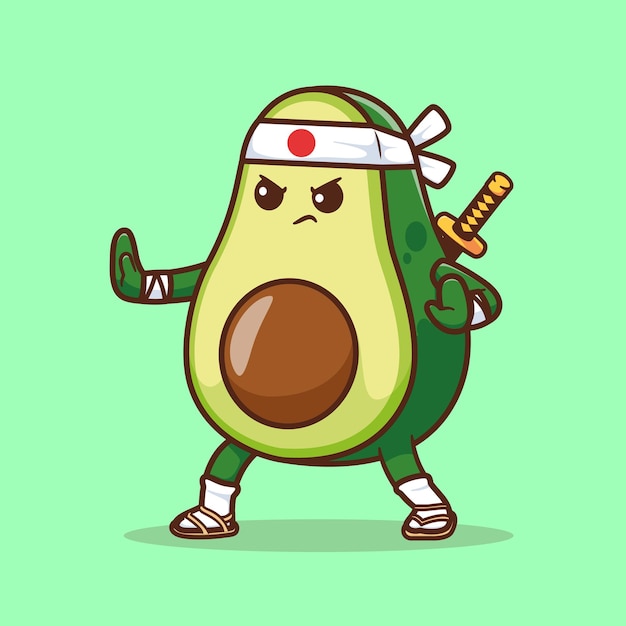 El lindo ninja de aguacate con la espada de katana icono de dibujos animados de vector Ilustración de comida apartamento aislado de vacaciones