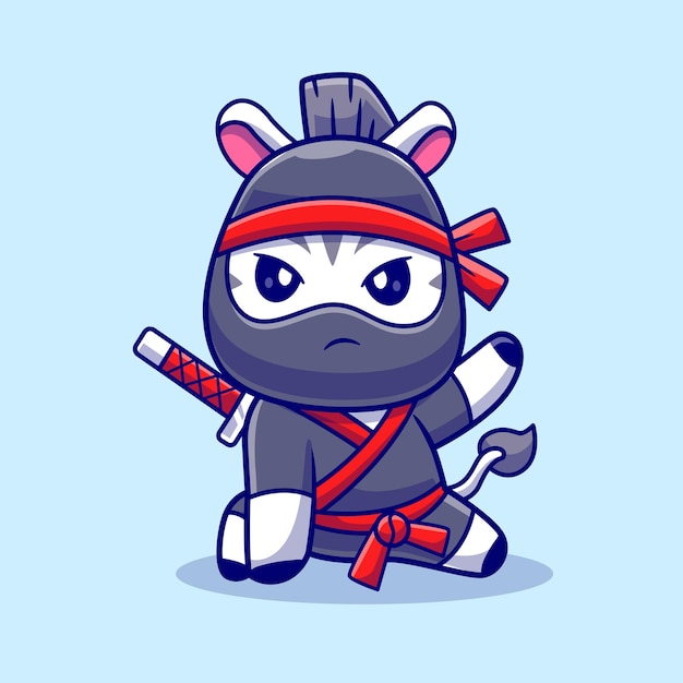 Vector lindo ninja cebra con espada icono vectorial de dibujos animados ilustración animal icono de vacaciones aislado plano