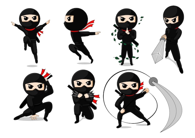 Lindo ninja de dibujos animados atacando con espada