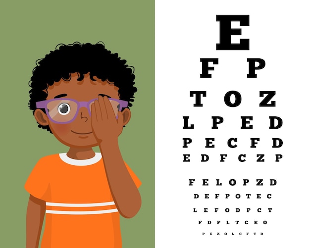 Lindo niño africano con anteojos cubre su ojo con prueba de visión leyendo letras mayúsculas