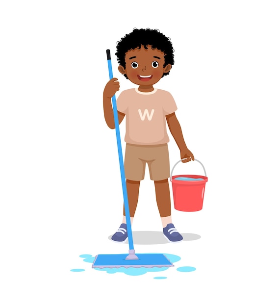 Lindo niño africano sosteniendo un trapeador y un balde limpiando el piso haciendo tareas domésticas