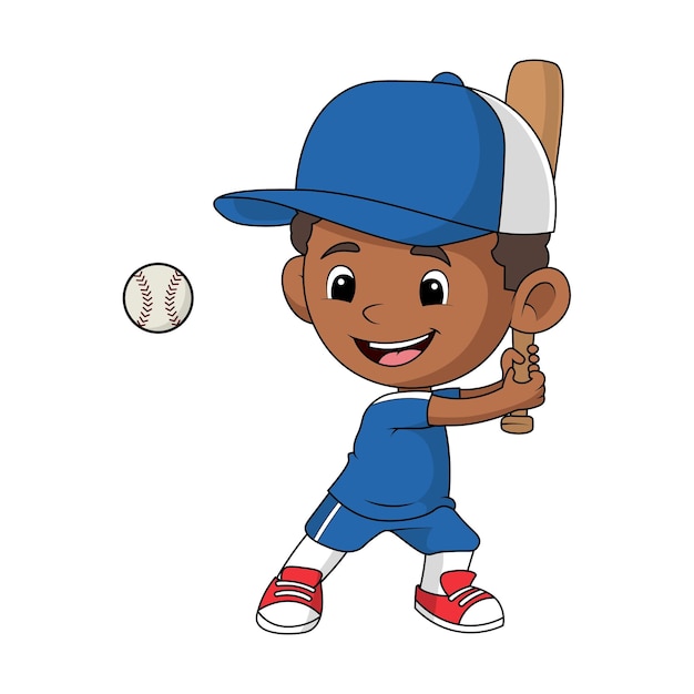 Vector lindo niño afroamericano dibujos animados jugando béisbol