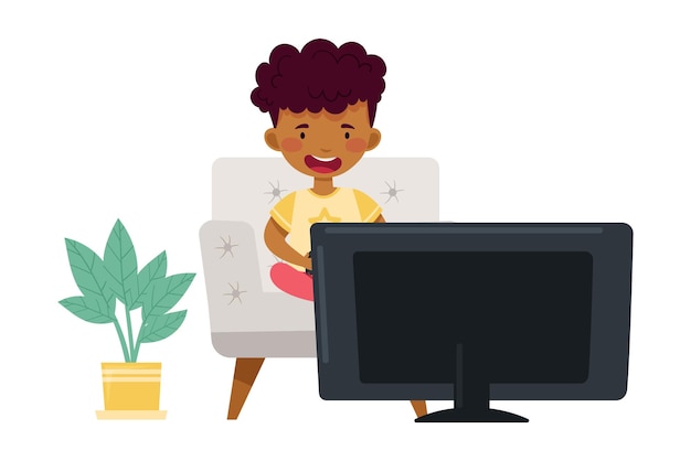 Un lindo niño afroamericano sentado con un gamepad en un sillón y jugando a la ilustración vectorial de videojuegos