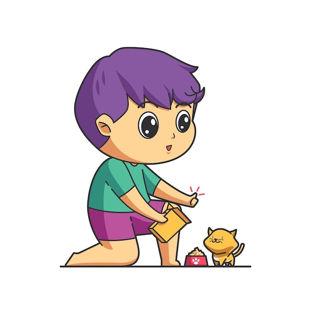 Vector lindo, niño, alimentación, gato, ilustración