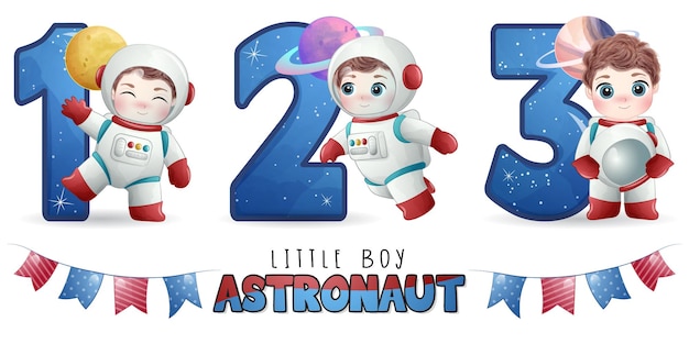 Lindo niño astronauta con conjunto de ilustración de numeración