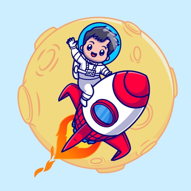 Lindo niño astronauta montando cohete con ilustración de icono de Vector de dibujos animados de luna. Concepto de icono de tecnología de personas aislado Vector Premium. Estilo de dibujos animados plana