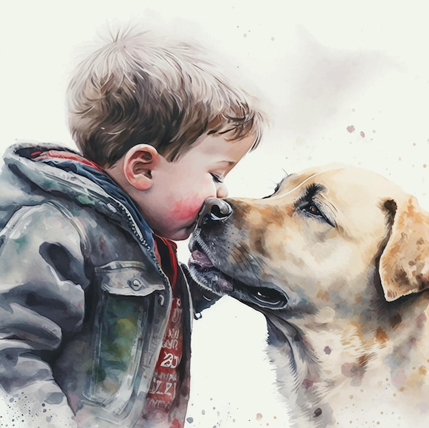 Vector lindo niño besando a su perro pintura de acuarela