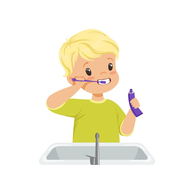 Vector lindo niño cepillándose los dientes niño cuidando los dientes en el baño ilustración vectorial en un blanco