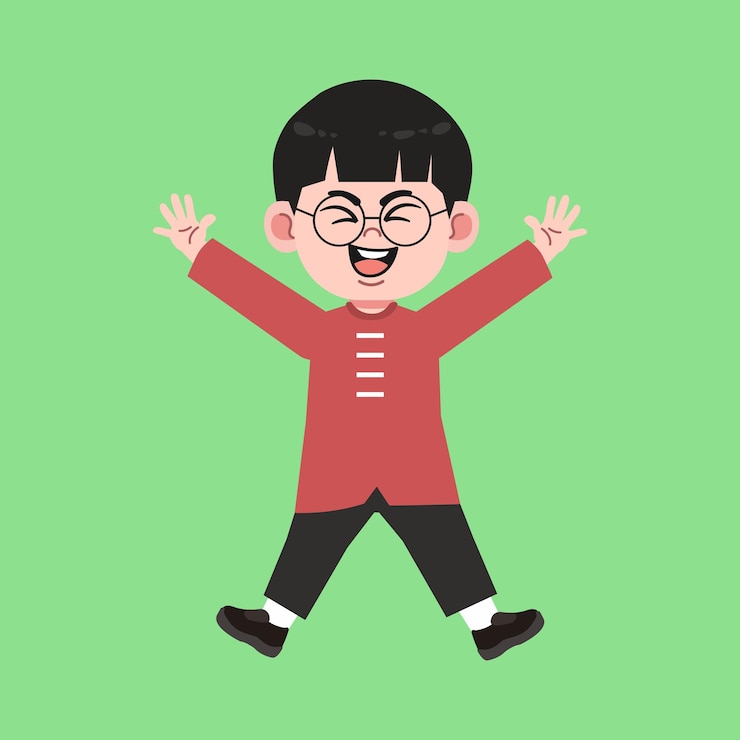 Vector el lindo niño chino de gafas con cabello negro salta feliz de dibujos animados
