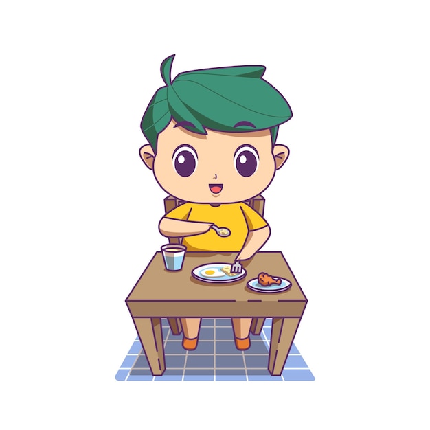 lindo, niño, comida, en casa, ilustración