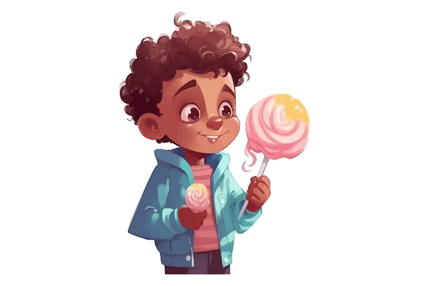 Lindo niño comiendo dulces deliciosos bocadillos aislados en el fondo ilustración vectorial de dibujos animados