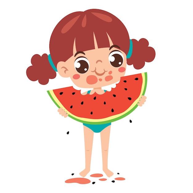 El lindo niño de dibujos animados comiendo sandía