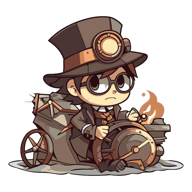 Un lindo niño de dibujos animados con un disfraz de steampunk