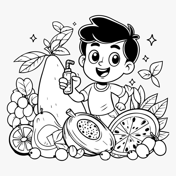 Lindo niño de dibujos animados con frutas Ilustración vectorial para libro de colorear
