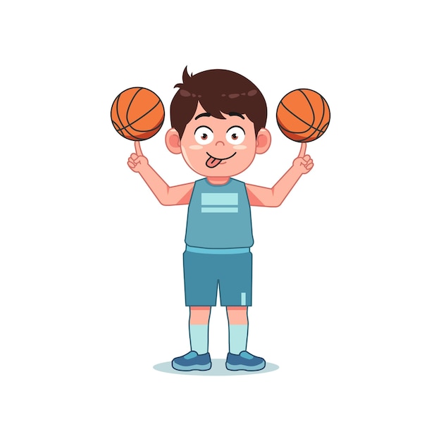 El lindo niño de dibujos animados jugando al baloncesto girando la pelota