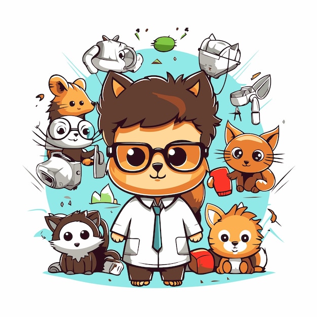 Vector lindo niño de dibujos animados con muchos tipos de animales ilustración vectorial