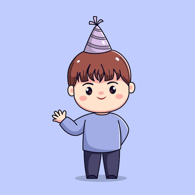 El lindo niño de dibujos animados que celebra el año nuevo o la fiesta de cumpleaños chibi kawaii