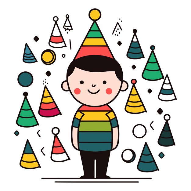 El lindo niño de dibujos animados con sombrero de fiesta Ilustración vectorial colorida