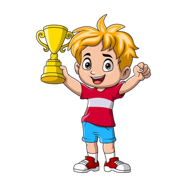 Vector el lindo niño de dibujos animados con el trofeo de oro