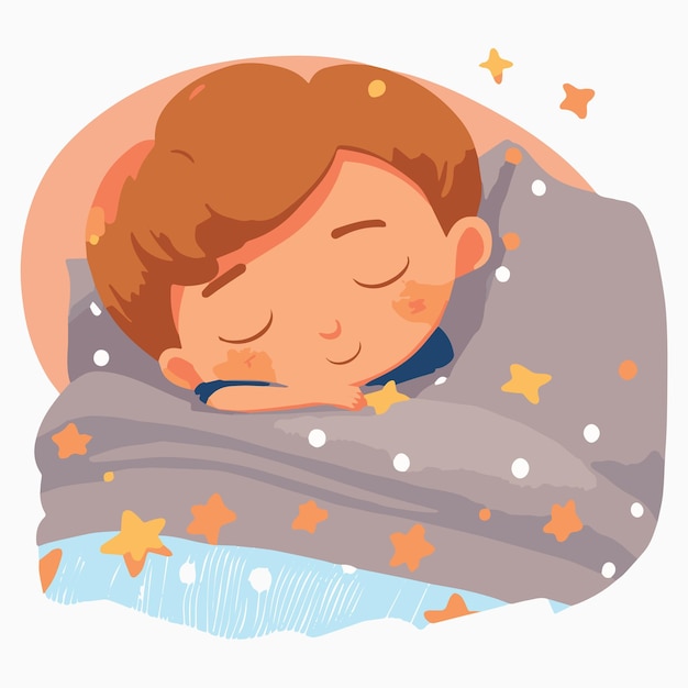 Vector lindo niño durmiendo adorable niño de dibujos animados soñando en su cama ilustración vectorial de noche pacífica