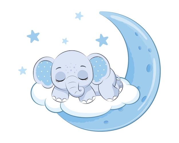 Lindo niño elefante durmiendo en la luna Ilustración vectorial de una caricatura