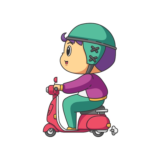 Vector lindo, niño, equitación, scooter, vespa, ilustración