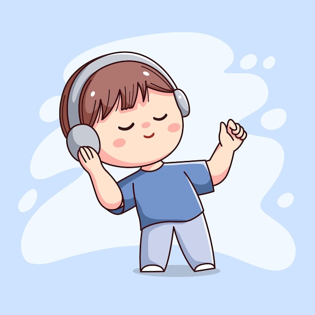 Lindo niño feliz con auriculares escuchando música kawaii chibi personaje de dibujos animados de contorno plano