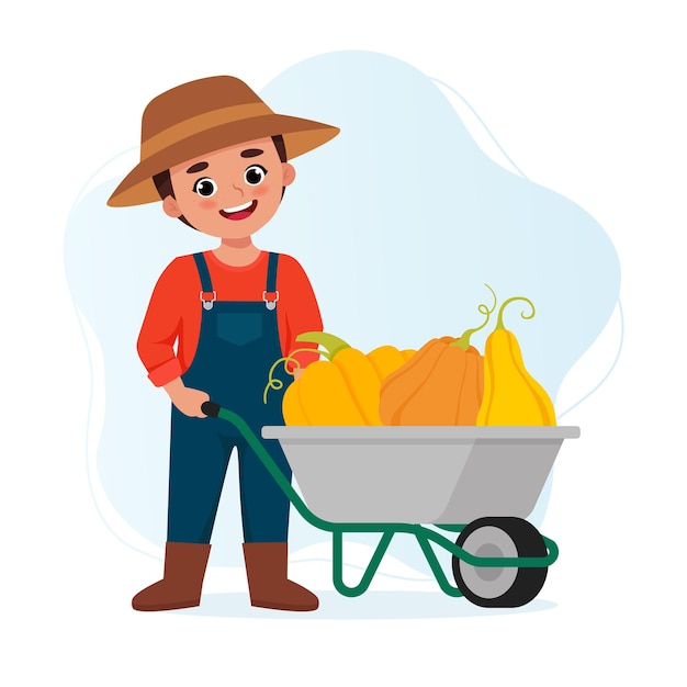 Lindo niño feliz cosechando calabazas un niño con una carretilla temporada de otoño ilustración vectorial