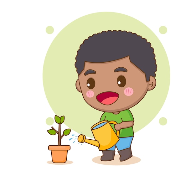 Lindo niño feliz riego flor chibi personaje de dibujos animados vector arte ilustración