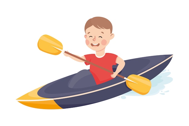 Lindo niño haciendo kayak con paleta practicando deporte e ilustración vectorial de actividad física