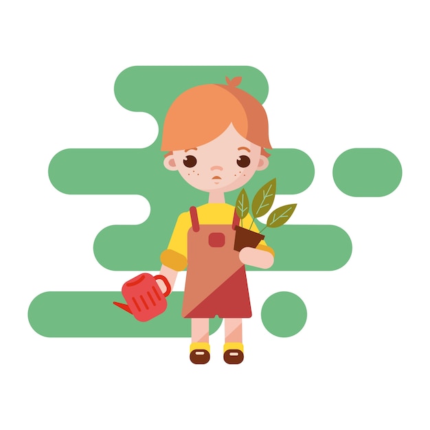 Lindo niño jardinero. jardinero de niño aislado. ilustración. niño jardinero con maceta en mano