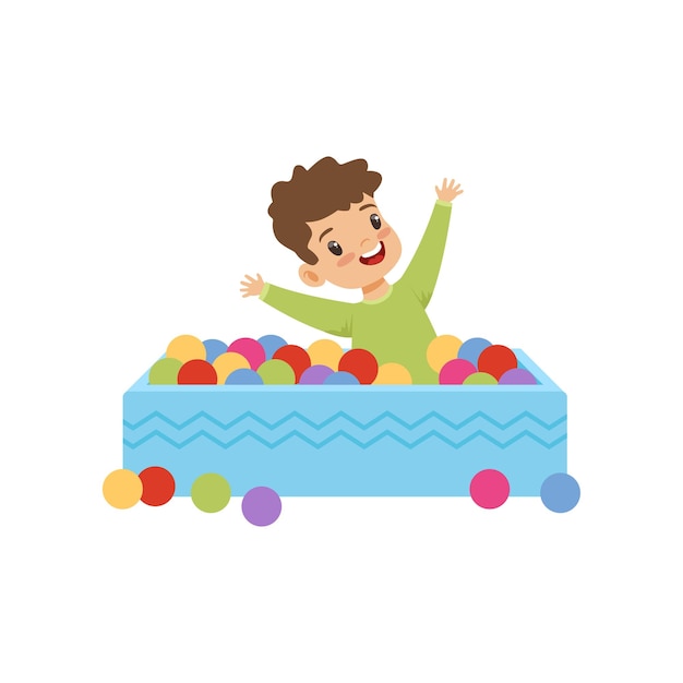 Lindo niño jugando en la piscina con bolas de colores ilustración vectorial sobre un fondo blanco