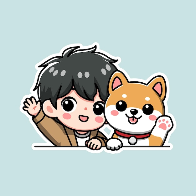El lindo niño kawaii mirando y agitando la mano con el lindo shiba inu agitando la pata ilustración vectorial de dibujos animados